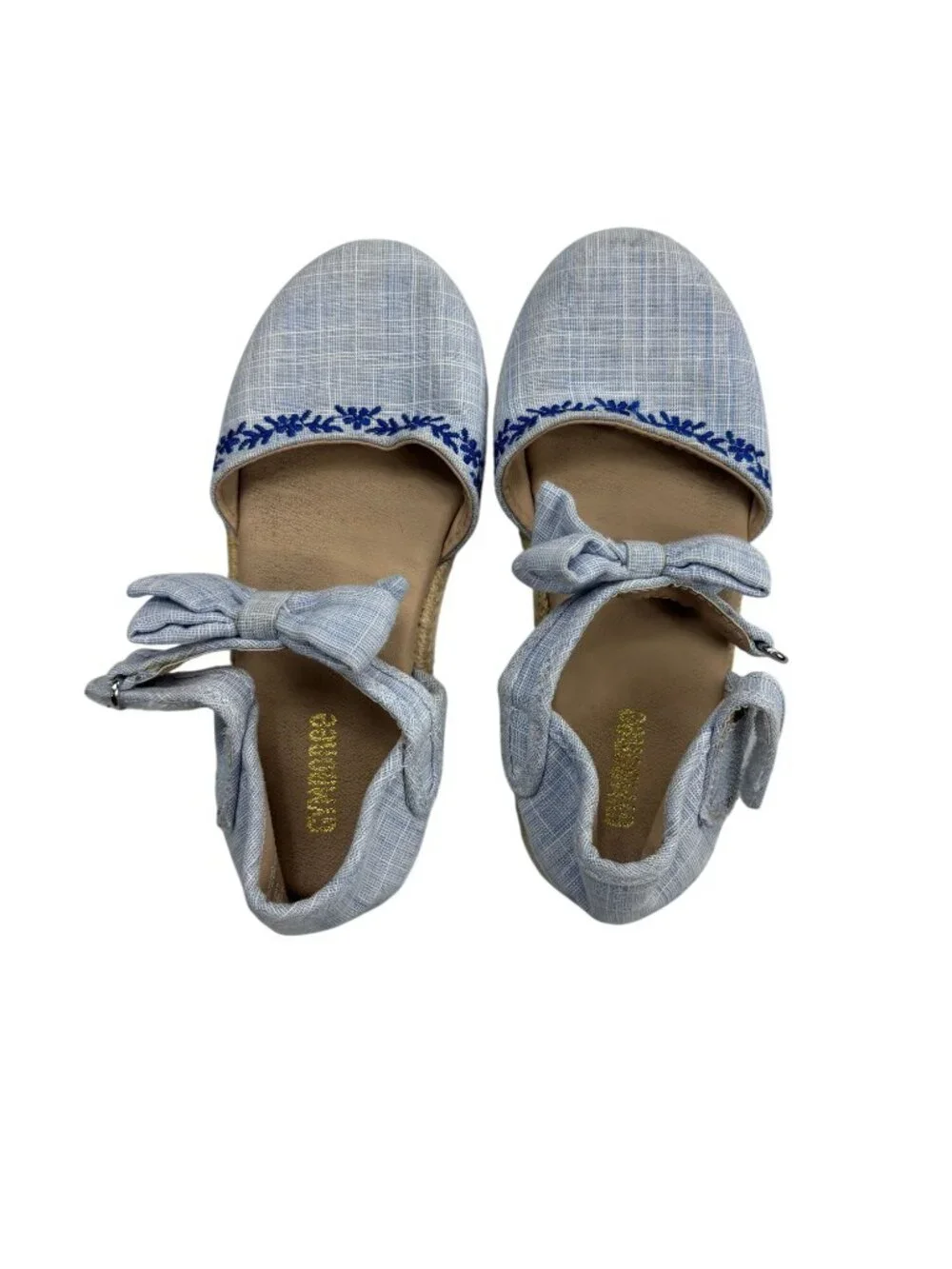 Childrens Blue Plaid Espadrille Flats With Embroidered Floral Trim & Ankle Bows